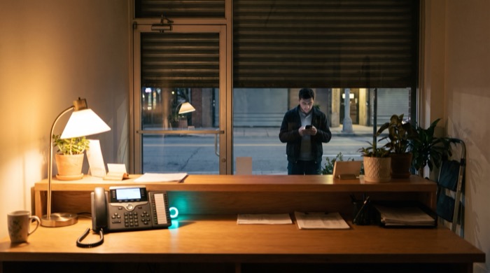 A small business counter after closing, an unanswered phone lit on the desk and a customer waiting outside