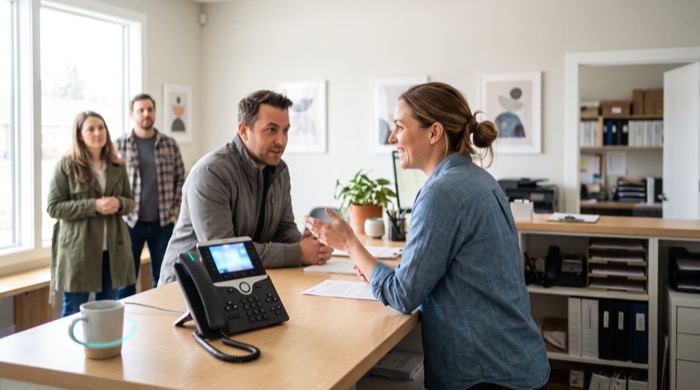 A staff member serving a customer at a busy counter while the phone rings unanswered beside them