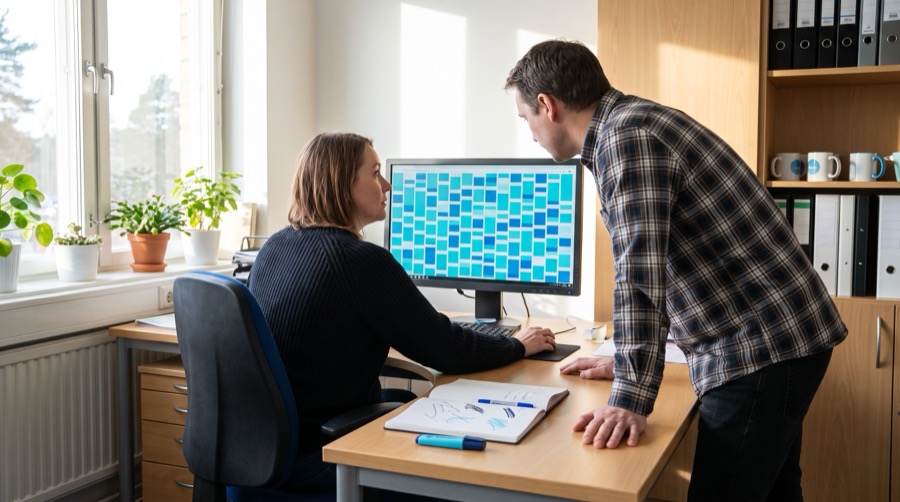Two colleagues reviewing a screenful of separate software tools together at a desk