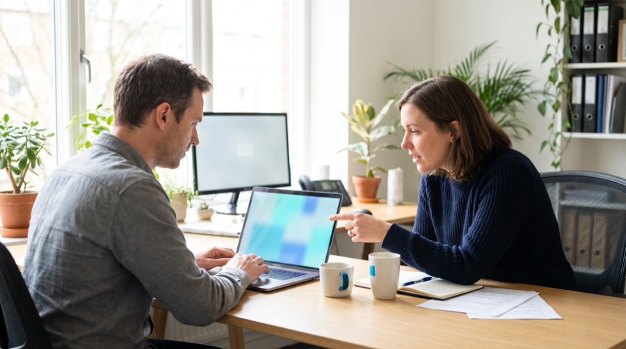 Two colleagues building something together at a laptop, one pointing at the screen