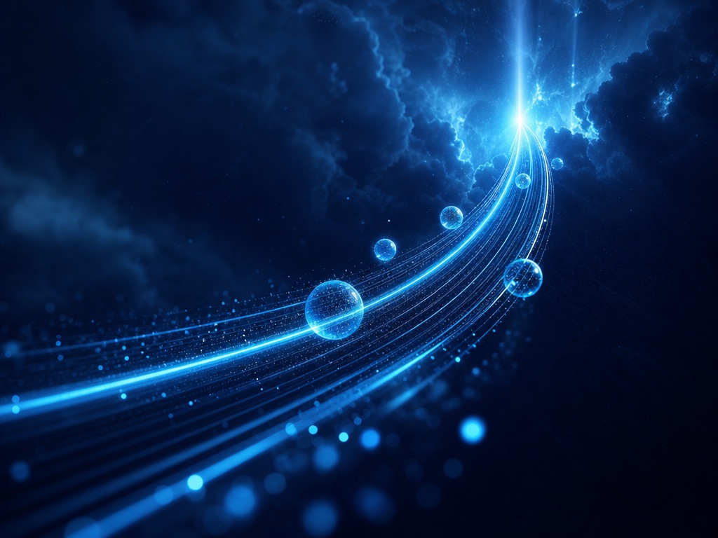 Ascending light beams and glowing data spheres representing accelerating growth and digital marketing reach